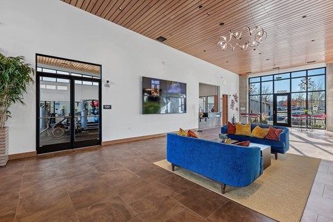 A living room with a blue couch and a wooden floor.
