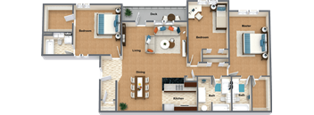 a floor plan of a house with furniture and a balcony