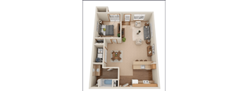 A 3D floor plan of a small apartment with a kitchen, living room, and bedroom.