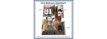 A diagram of a one bedroom apartment with a kitchen, living room, and bedroom.