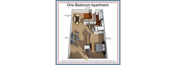 A diagram of a one bedroom apartment with a kitchen, living room, and dining area.