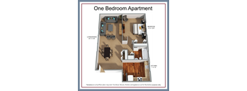 A one bedroom apartment floor plan with a living room, dining room, kitchen, and bedroom.