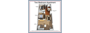 A diagram of a two bedroom apartment with a living room, dining room, and kitchen.