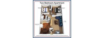A two bedroom apartment floor plan with a living room, dining area, kitchen, and two bedrooms.