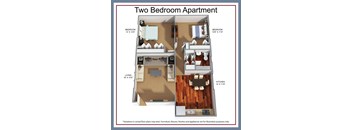 A diagram of a two bedroom apartment with a living room, kitchen, and two bedrooms.