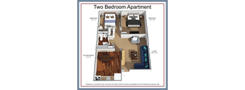 A diagram of a two bedroom apartment with a living room, kitchen, and two bedrooms.