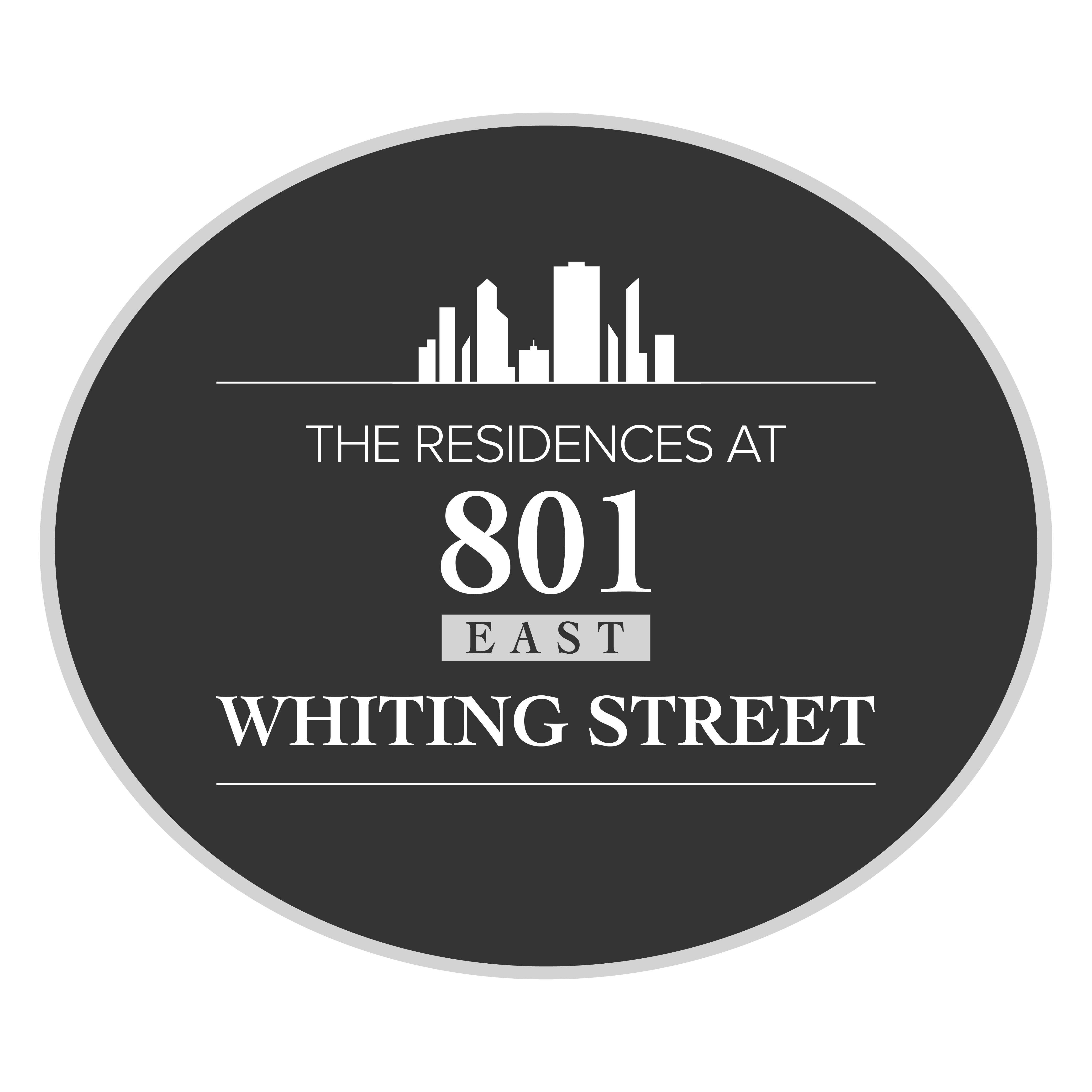 A logo for The Residences at 801 East Whiting Street.