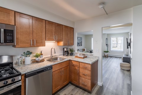 A kitchen with wooden cabinets and a stainless steel dishwasher.