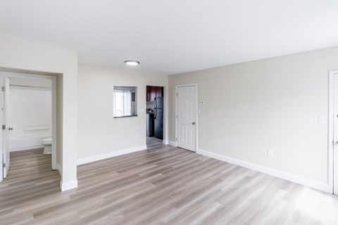 A room with light wood flooring and white walls.