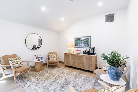 A living room with a grey rug and a wooden cabinet.