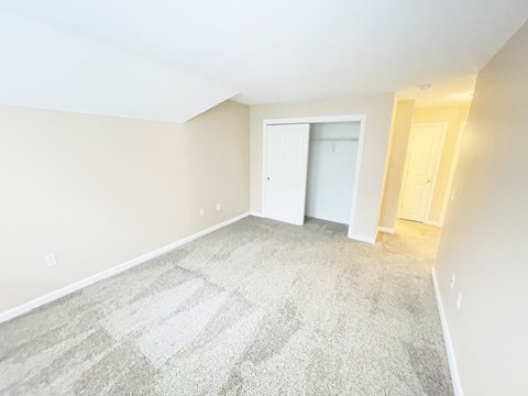 an empty living room with carpet and a door to a closet