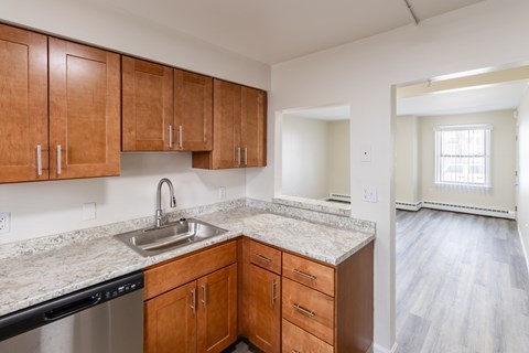 A kitchen with wooden cabinets and a marble countertop.