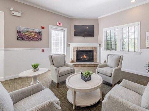 a living room with couches and chairs and a fireplace