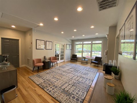 a living room with a rug in the middle