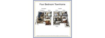 A diagram of a four bedroom townhome with dimensions for each room.