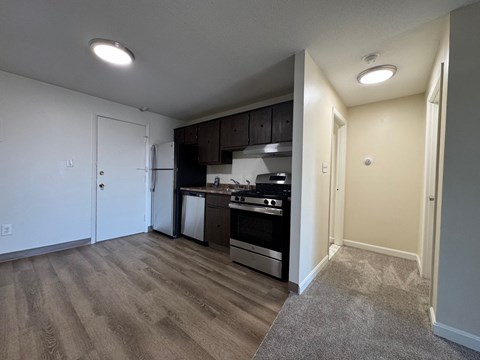 A kitchen with a stove top oven and a dishwasher.