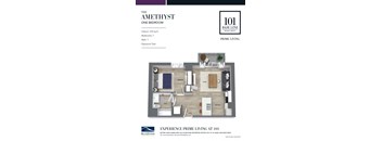 The Amethyst floorplan, a one bedroom suites barrier free  at 101 Base Line Road West, London, Ontario