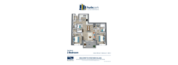 A floor plan of a 2 bedroom apartment at Hyde Park Village.