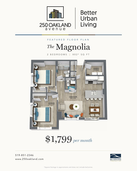 A poster for a 2 bedroom apartment at 250 Oakland Avenue advertises a monthly price of $1,799.