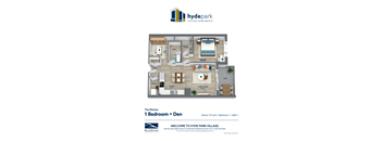 A floor plan for a 1 bedroom apartment with den at Hyde Park Village Apartments.