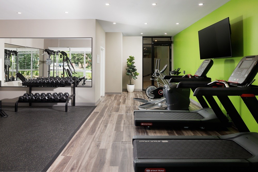 A gym with treadmills, weights, and exercise equipment.