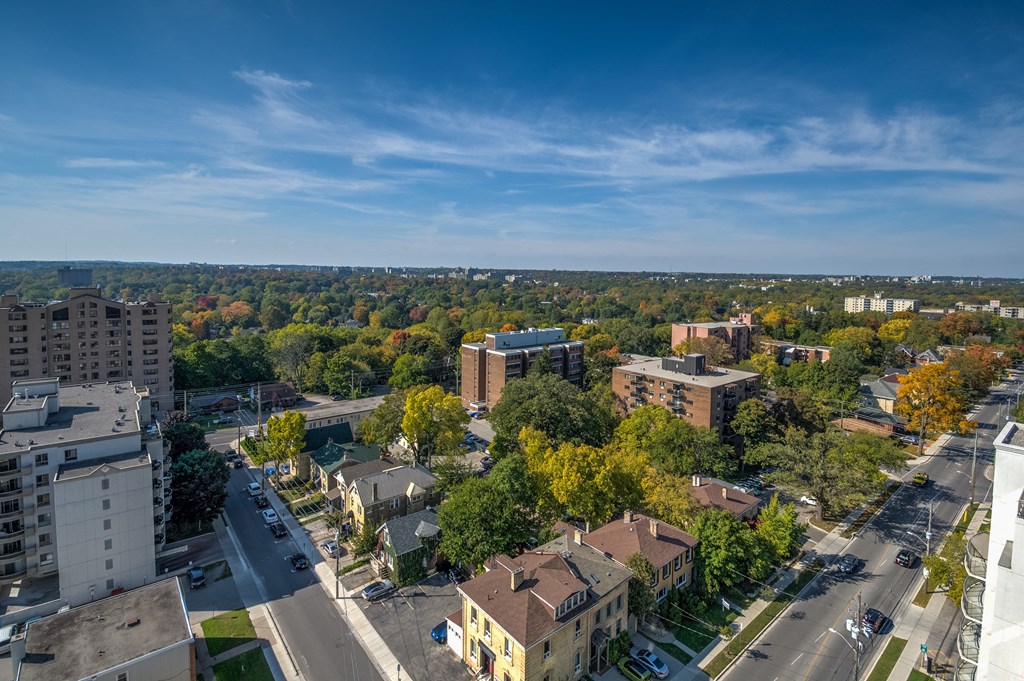 a view of the city from the top of a building