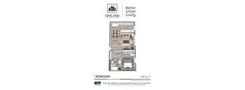 a floor plan of 1 bedroom with 1 bath