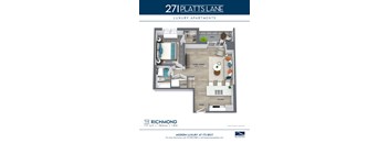 A Richmond apartment floor plan with a bedroom, living room, dining room, kitchen, and bath.