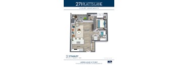 A floor plan for a 750 square foot apartment with one bedroom and one bath.