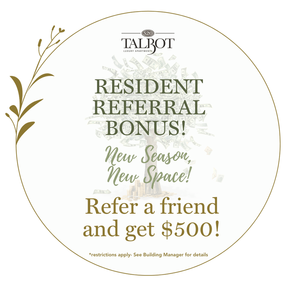 A circular Talbot logo with a resident referral bonus offer.