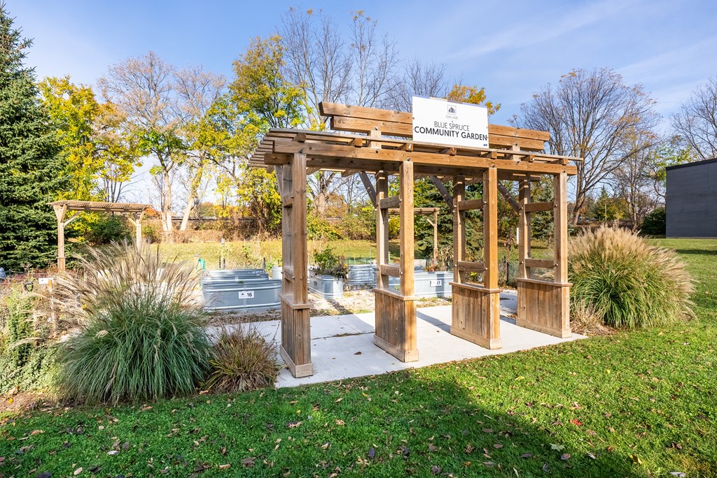A wooden structure with a sign that reads "Community Garden" is surrounded by plants and trees.