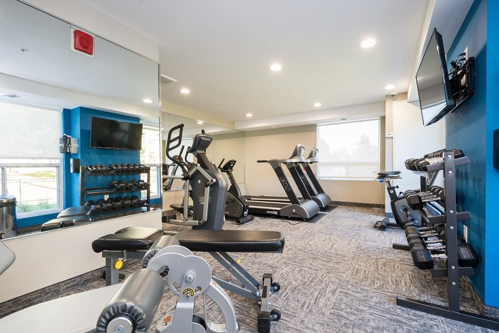 a gym with cardio equipment and a flat screen tv