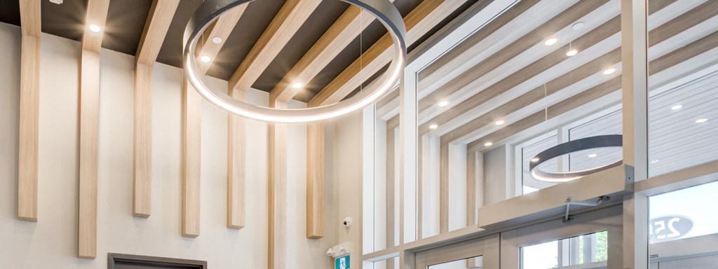 Architectural feature and light fixture in lobby.