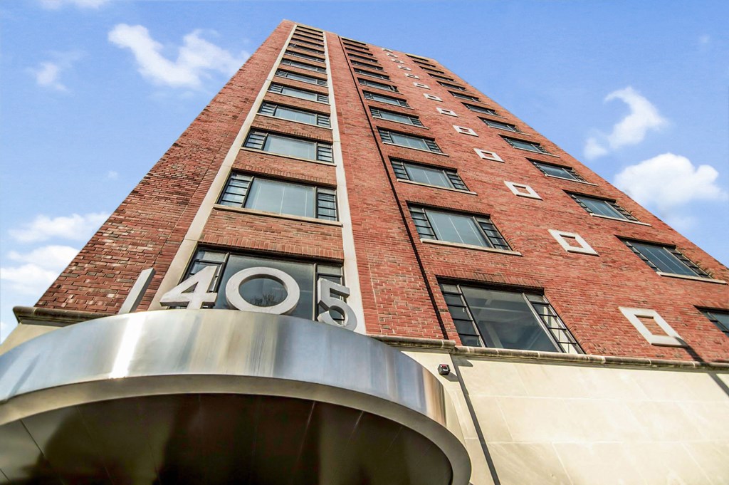 looking up at the building from the street