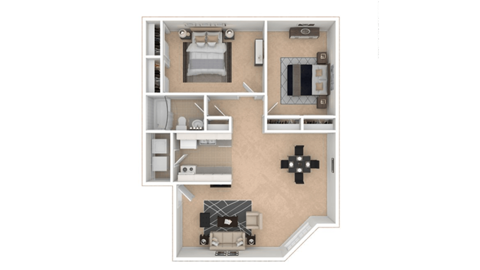 A floor plan of a house with a kitchen, living room, and two bedrooms.