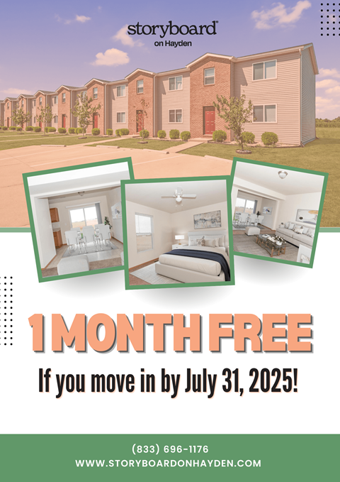 A promotional image for Storyboard on Hayden offering a free month if you move in by July 31, 2025.