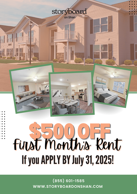A promotional image for a housing project offers $500 off the first month's rent if you apply by July 31, 2025.