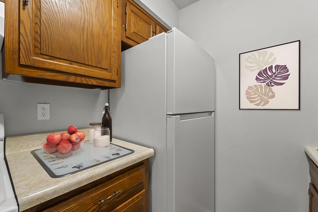 a kitchen with a refrigerator and a sink