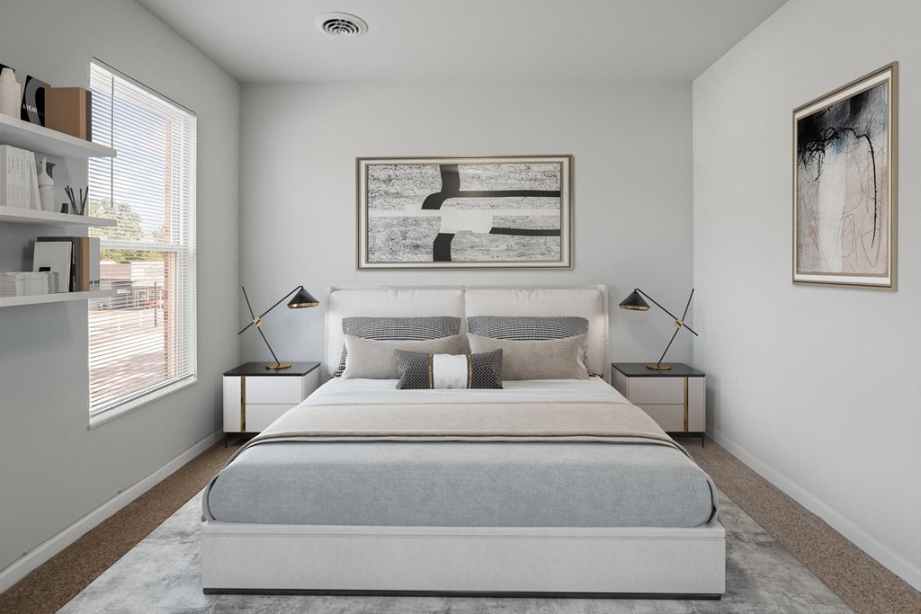 a bedroom with a large bed in a 555 waverly unit