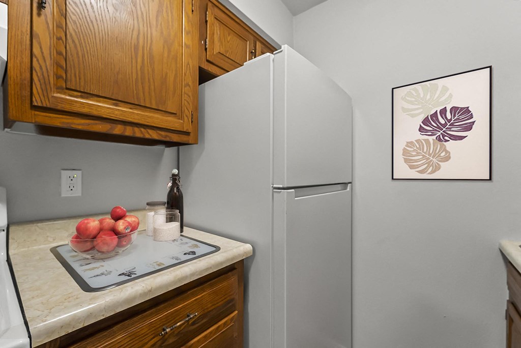a kitchen with a refrigerator and a sink