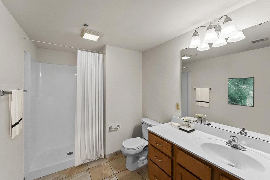 a bathroom with a shower toilet and sink
