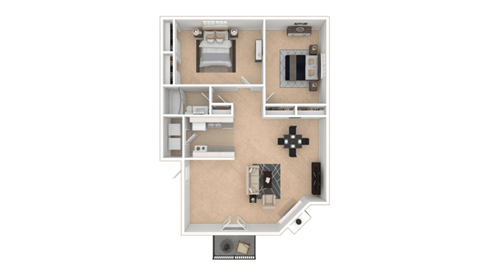 A floor plan of a small apartment with a kitchen, living room, and bathroom.