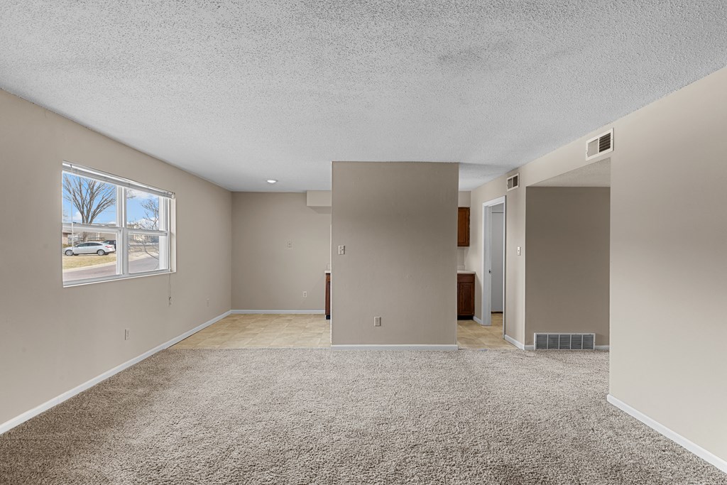 an empty living room with carpet and a window