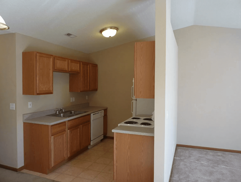an empty kitchen with a stove and a sink