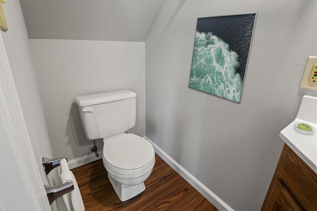 a bathroom with a toilet sink and a painting on the wall