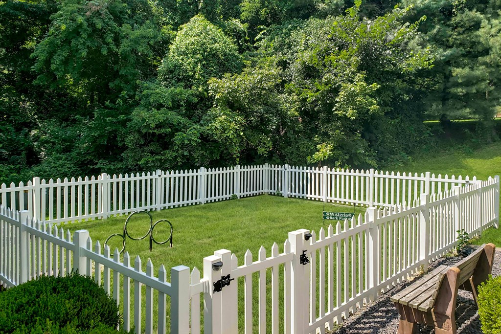 a white picket fence around a lawn with a backyard with trees