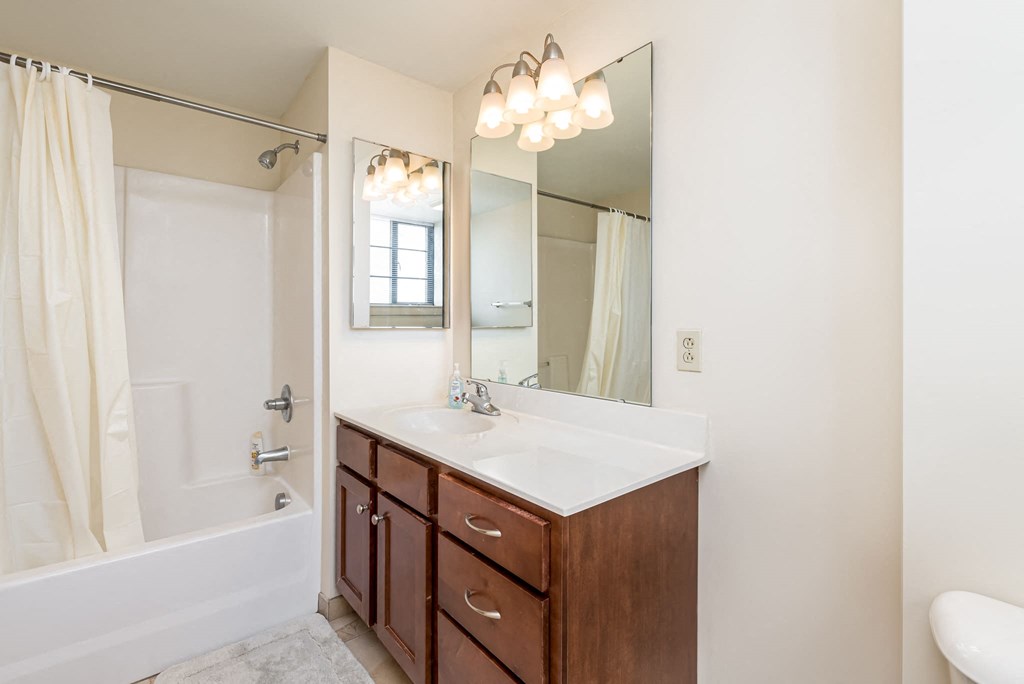 a bathroom with a sink and a shower and a mirror
