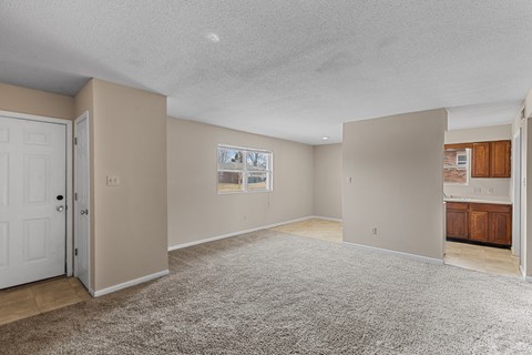 A spacious room with a carpeted floor and a door on the left side.