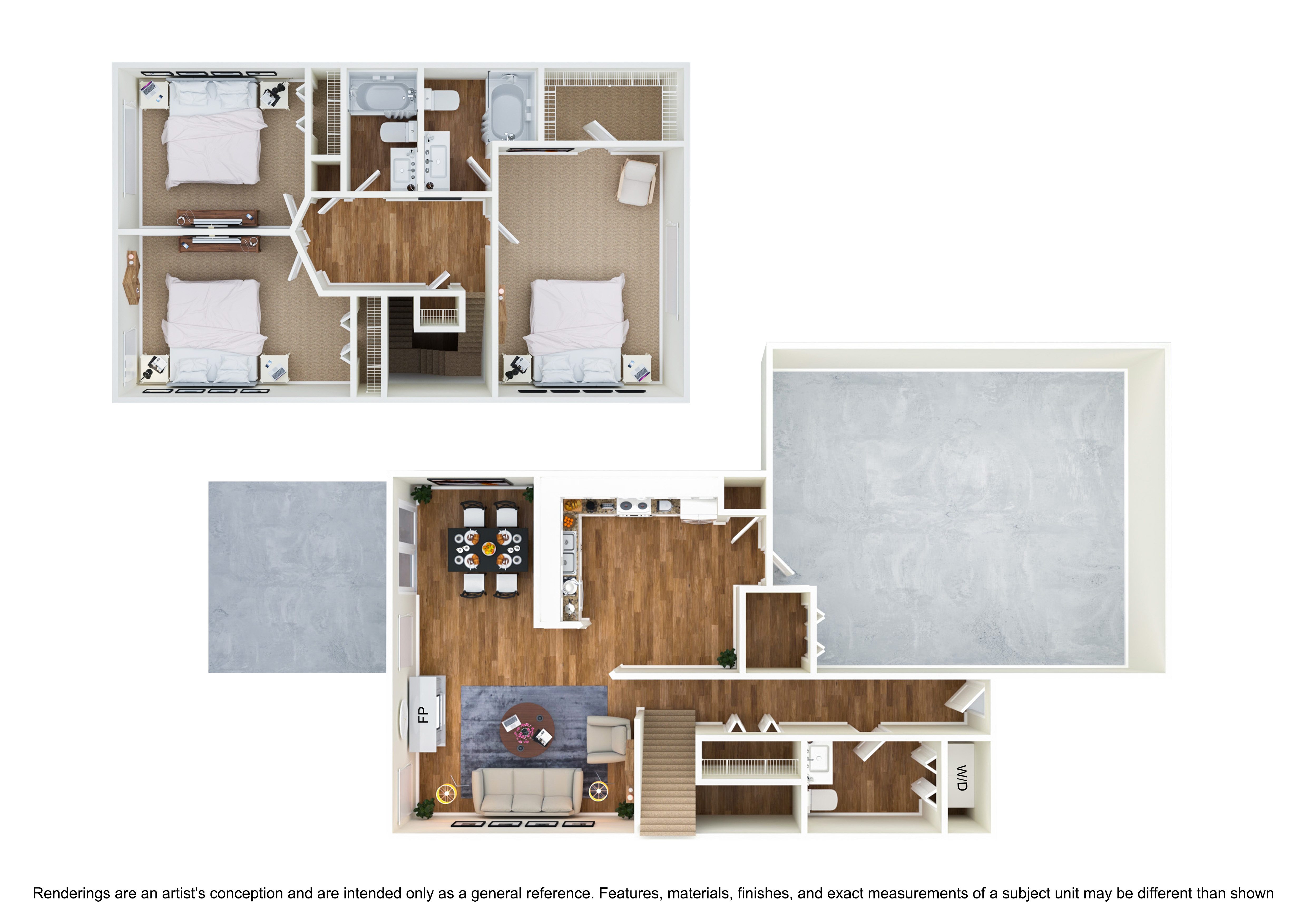 A floor plan of a house with three bedrooms, a living room, a kitchen, and a bathroom.