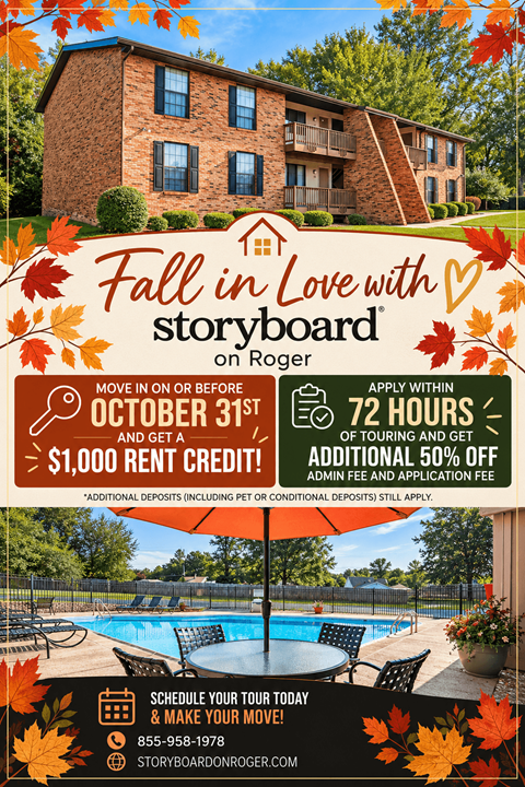 A fall in love with storyboard on Roger promotion with a pool in the background.